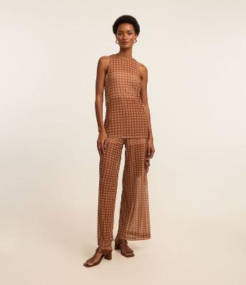 Calça Reta em Tule com Lenço Lateral