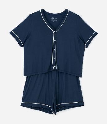 Pijama Curto em Viscolycra com Botões Frontais e Viés Contrastante Curve & Plus Size