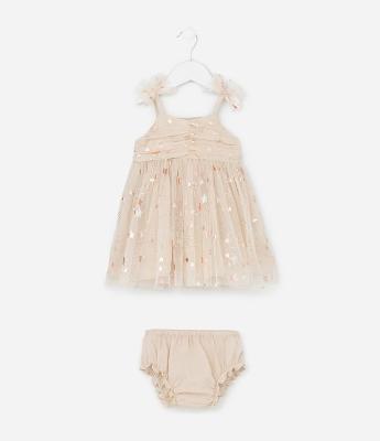 Vestido Infantil com Tule de Estrelas e Calcinha - Tam 3 a 18 Meses