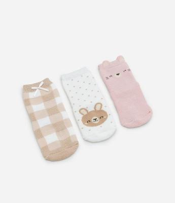 Kit 03 Meias Infantis em Algodão com Estampa de Bichinhos - Tam 0 A 12 Meses
