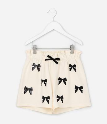 Short Regular Infantil com Estampa de Laços e Paetê - Tam 5 a 14 Anos