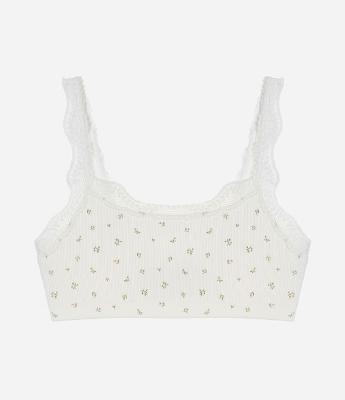 Sutiã Top Seamless Texturizado com Rendinha e Estampa Floral