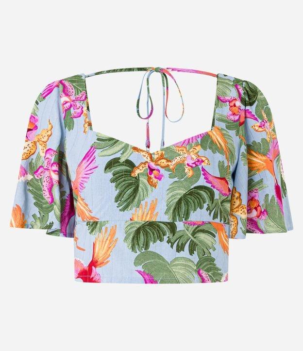 Blusa Cropped em Chalis com Estampa de Tropical - 1