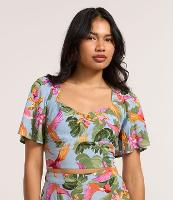 Blusa Cropped em Chalis com Estampa de Tropical - 2