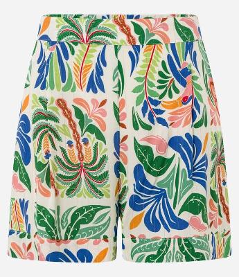 Short Curto em Viscose com Estampa de Folhagem e Barra Dobrada
