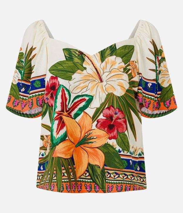 Blusa em Viscolinho com Decote Coração e Estampa Tropical - 1