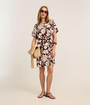 Vestido Reto Curto em Viscose com Estampa Flora