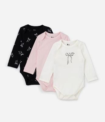 Kit 03 Bodies Infantis com Estampa Laços - Tam 0 a 18 meses