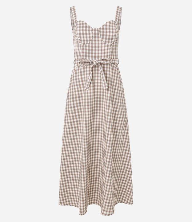 Vestido Reto Longo em Sarja Xadrez Vichy com Amarração - 1