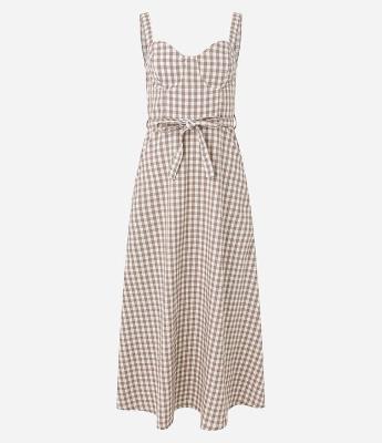 Vestido Reto Longo em Sarja Xadrez Vichy com Amarração