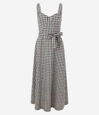 Vestido Reto Longo em Sarja Xadrez Vichy com Amarração