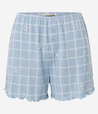 Short de Pijama em Ribana com Estampa Xadrez e Barra Frufru