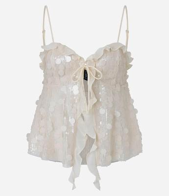 Blusa em Malha de Paetês com Decote Coração e Babados de Chiffon