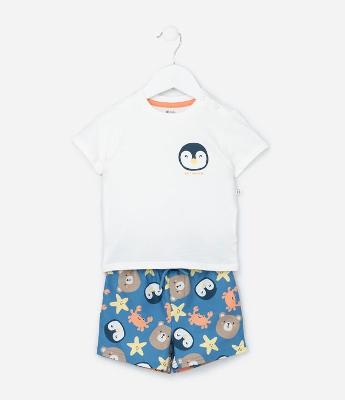 Conjunto Infantil em Microfibra com Estampa de Pinguim - Tam 0 a 18 Meses