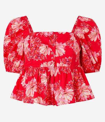 Blusa Peplum Cropped em Tricoline com Estampa Floral