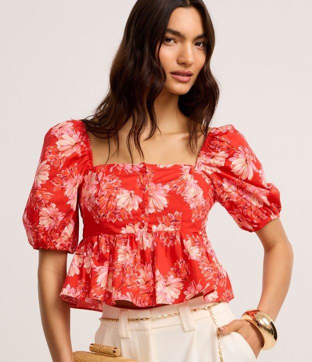 Blusa Peplum Cropped em Tricoline com Estampa Floral - 3