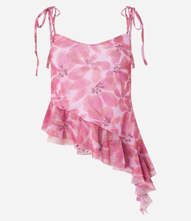 Blusa de Alça em Tule Floral com Babado na Barra Assimétrica - 1