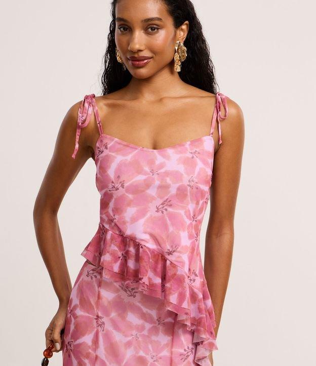 Blusa de Alça em Tule Floral com Babado na Barra Assimétrica - 2