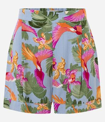 Short Curto em Viscose com Barra Dobrada e Estampa Tropical