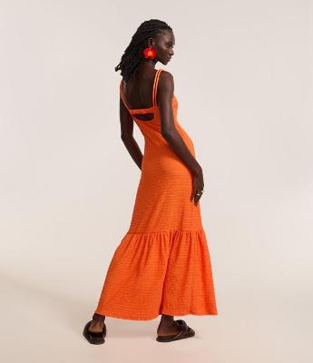 Vestido Evasê Longo em Poliamida Texturizada