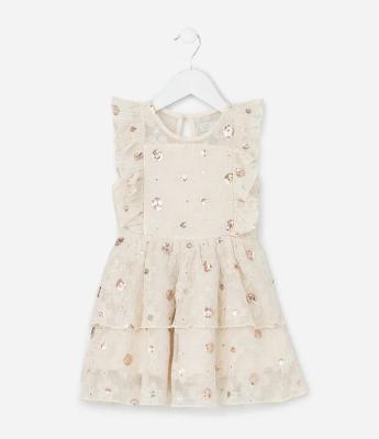 Vestido Infantil com Bordado Floral e Paetês -Tam 1 a  6 Anos