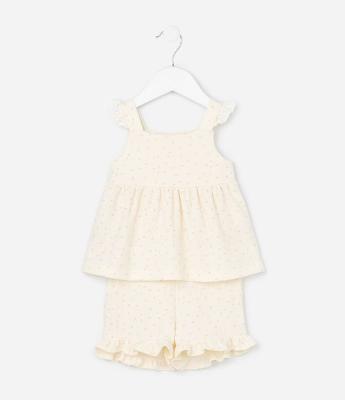 Conjunto Infantil com Estampa Poá Detalhes em Broderie e Textura Waffle - Tam 0 a 18 Meses
