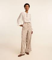 Calça Wide Leg em Sarja com Estampa Xadrez e Botão Forrado - 1