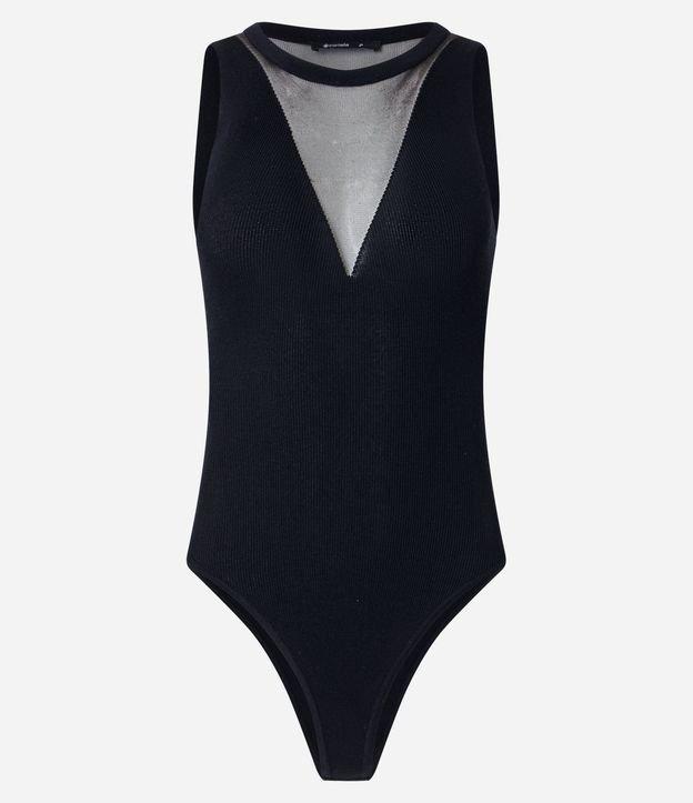 Body em Tricô com Decote V Transparente - 1