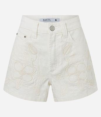 Short Slim Cintura Alta em Sarja com Bordado Floral