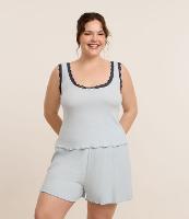 Pijama Short Doll em Ribana com Rendinha Contrastante e Barra Frufru Curve & Plus Size - 3