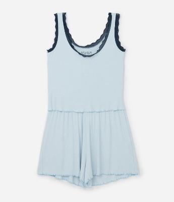 Pijama Short Doll em Ribana com Rendinha Contrastante e Barra Frufru Curve & Plus Size