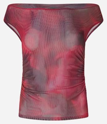 Blusa em Tule Ombro a Ombro com Estampa Abstrata