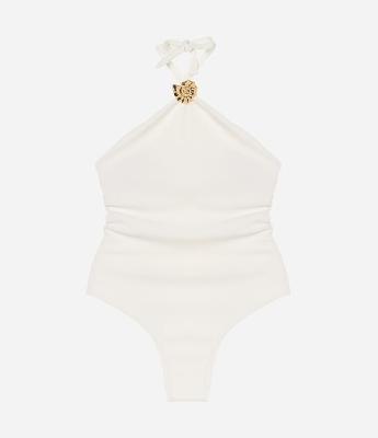 Maiô Halter em Microfibra Texturizada com Aviamento de Concha Caracol