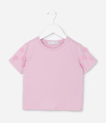 Blusa Infantil com Florzinhas Aplicadas na Manga - Tam 1 a 6 Anos