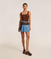 Saia Evasê Curta em Jeans Plissado com Recortes - 1