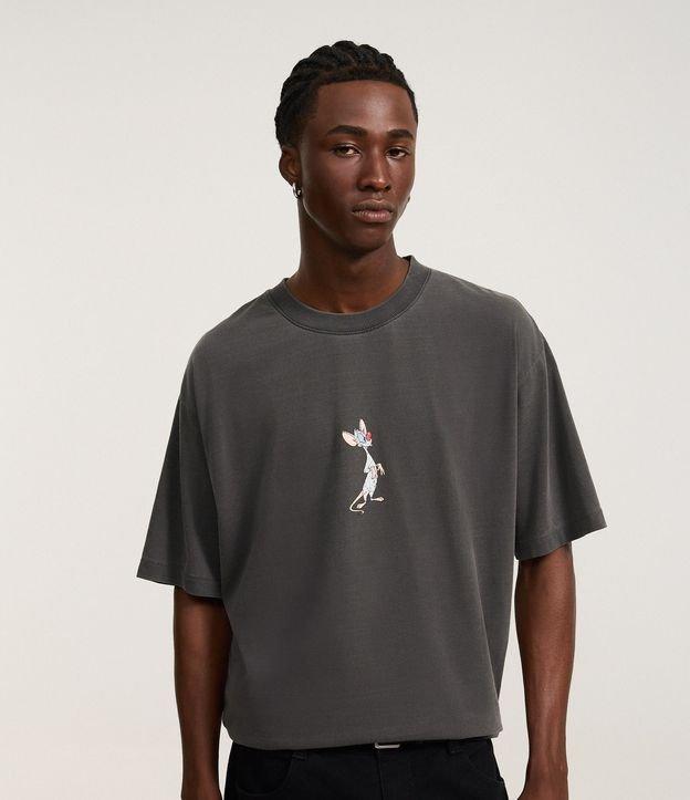 Camiseta Boxy em Malhão Estonada com Estampa Pinky e Cérebro - 1