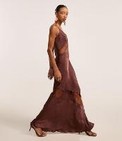 Vestido Evasê Longo em Cetim com Detalhes de Renda e Textura - 2