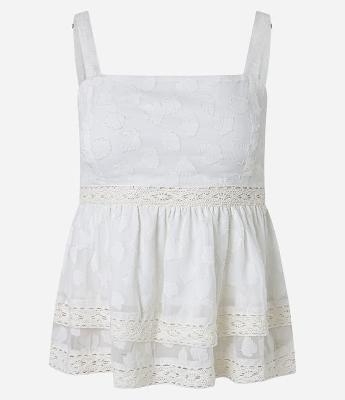 Blusa Regata com Decote Reto e Estampa Folhas com Detalhes de Renda