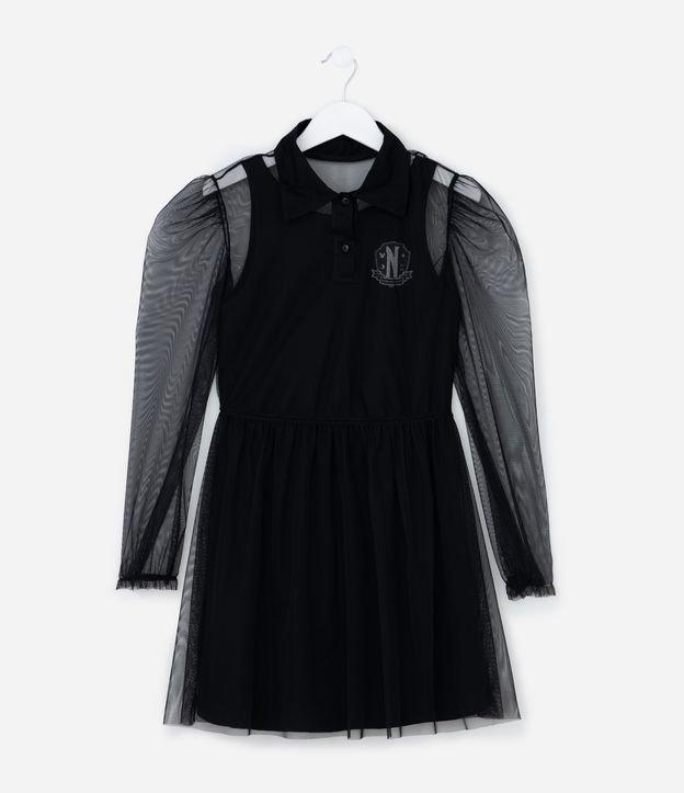 Vestido Infantil Gola Polo com Tule Wandinha - Tam 5 a 14 Anos - 1