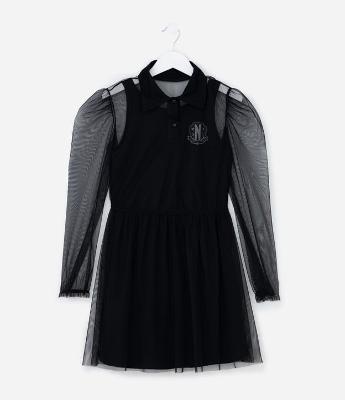 Vestido Infantil Gola Polo com Tule Wandinha - Tam 5 a 14 Anos