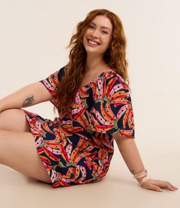 Vestido Curto em Viscolinho com Estampa de Bananas e Manga Bufante Curve & Plus Size - 2