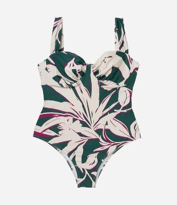 Maiô Meia Taça em Microfibra com Estampa Folhagem e Alça Larga Curve & Plus Size