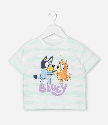 Camiseta Infantil Listrada com Estampa Bluey e Bingo - Tam 1 a 6