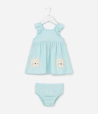 Vestido Infantil com Estampa Poá Ursos e Calcinha - Tam  0 a 18 meses