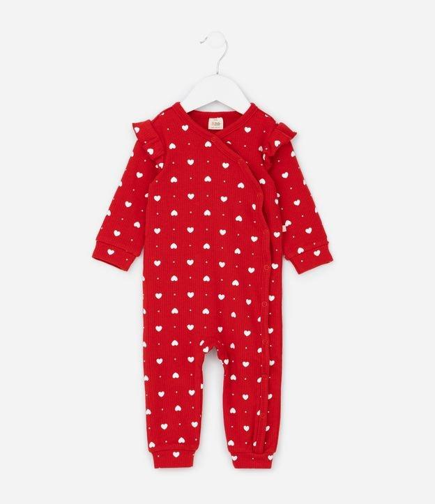 Macacão Infantil com Estampa de Corações e Canelado - Tam RN a 18 Meses - 1