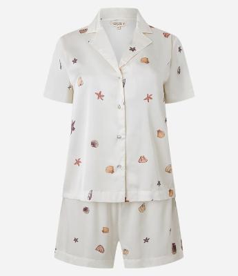 Pijama Short Doll Americano em Cetim com Estampa de Conchinhas