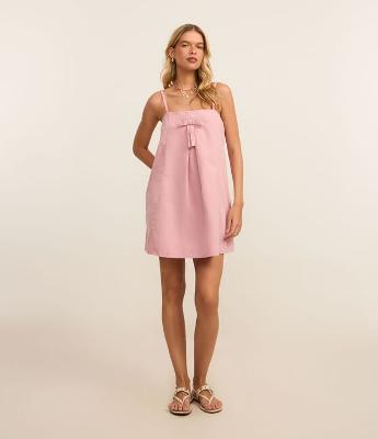 Vestido Curto em Sarja com Lacinho e Bolsos