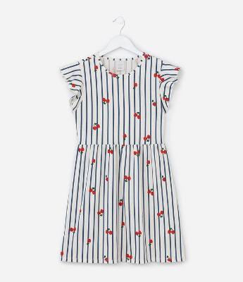 Vestido com Estampa Listrada com Cerejas - Tam 5 a 14 Anos