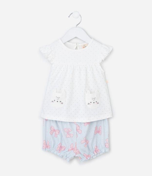 Conjunto Infantil com Estampa de Laços e Bolso de Bichinho - Tam 0 a 18 Meses - 1