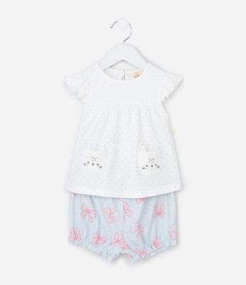 Conjunto Infantil com Estampa de Laços e Bolso de Bichinho - Tam 0 a 18 Meses
